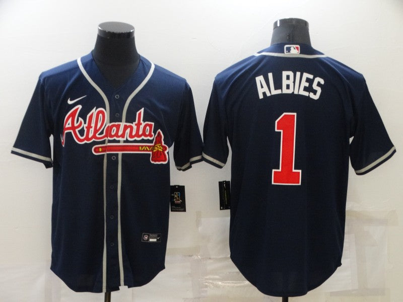 Men's Atlanta Braves Ozzie Albies Navy Replica Player Jersey baseball jersey product view 1