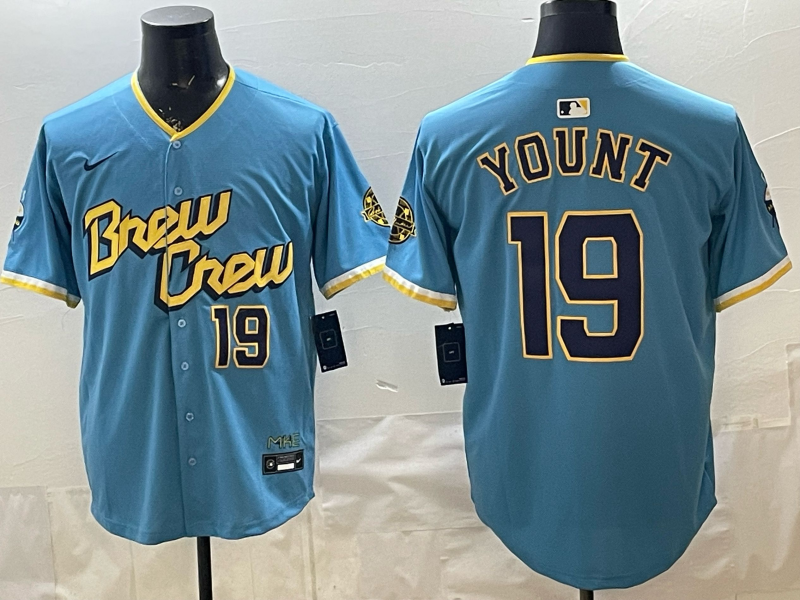 Men's Milwaukee Brewers Robin Yount #19 Powder Blue City Connect Replica Player Jersey baseball jersey product view 1