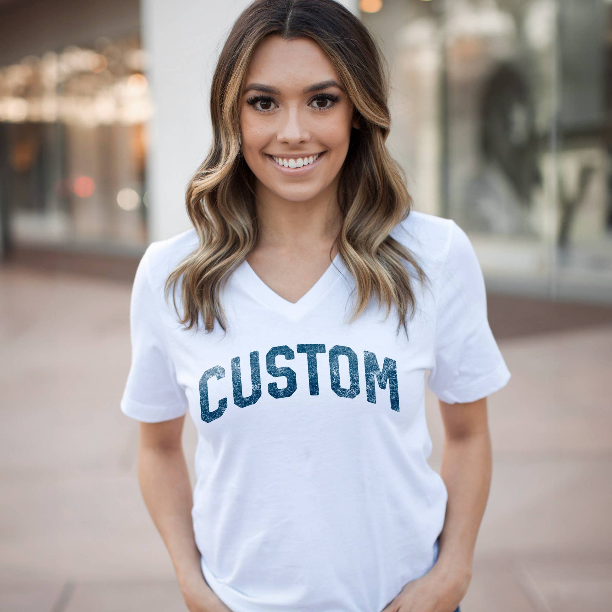 Custom V-Neck Cotton Tees with Your Name Location or Logo Unisex T-shirt, Sweatshirt, Hoodie, Long Sleeve Tee - T-Shirt, Sweatshirt, Hoodie