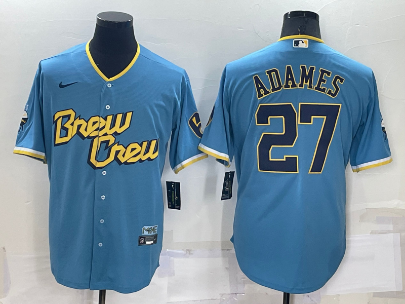 Men's Milwaukee Brewers Willy Adames #27 Blue Stitched Jersey baseball jersey product view 1