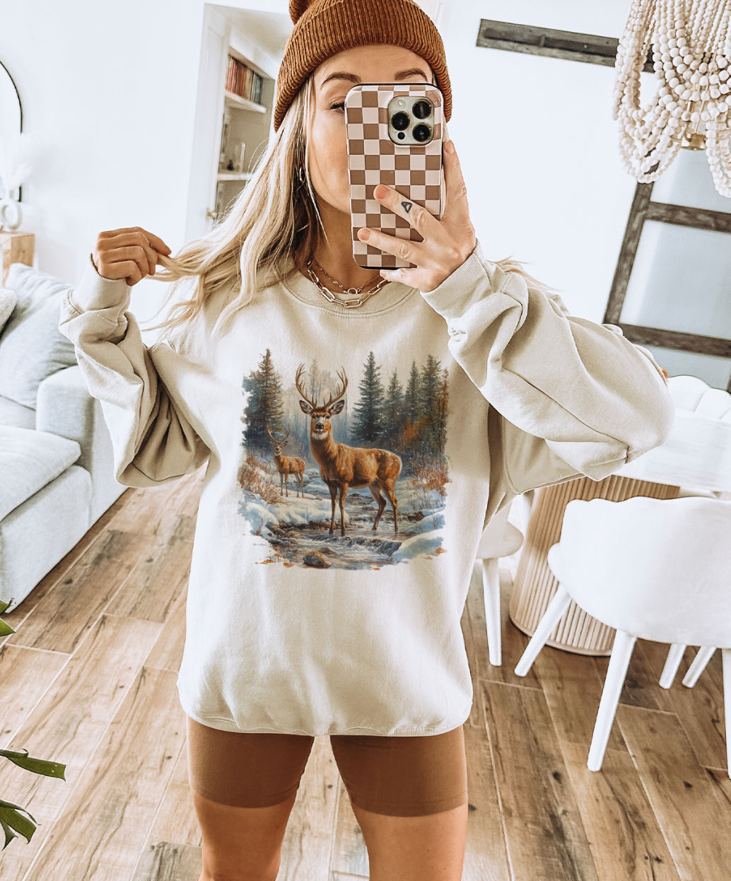 Retro Deer Scene - Cream - Sweatshirts & T-Shirts Unisex T-shirt, Sweatshirt, Hoodie, Long Sleeve Tee - T-Shirt, Sweatshirt, Hoodie