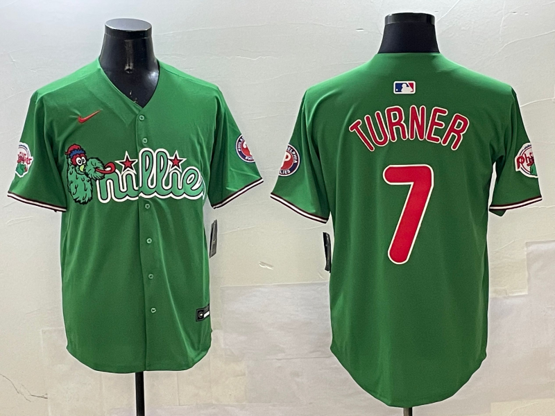 Men's Philadelphia Phillies Trea Turner Green Replica Team Jersey baseball jersey product view 1
