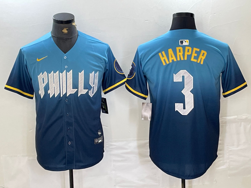 Men's Philadelphia Phillies Bryce Harper Blue 2024 City Connect Limited Player Jersey baseball jersey product view 1