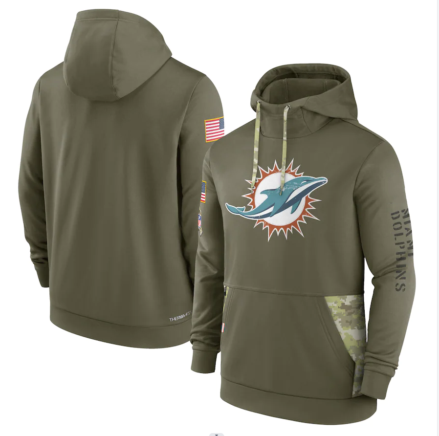 Men's Miami Dolphins Olive 2022 Salute to Service Therma Performance Pullover Hoodie football jersey product view 1
