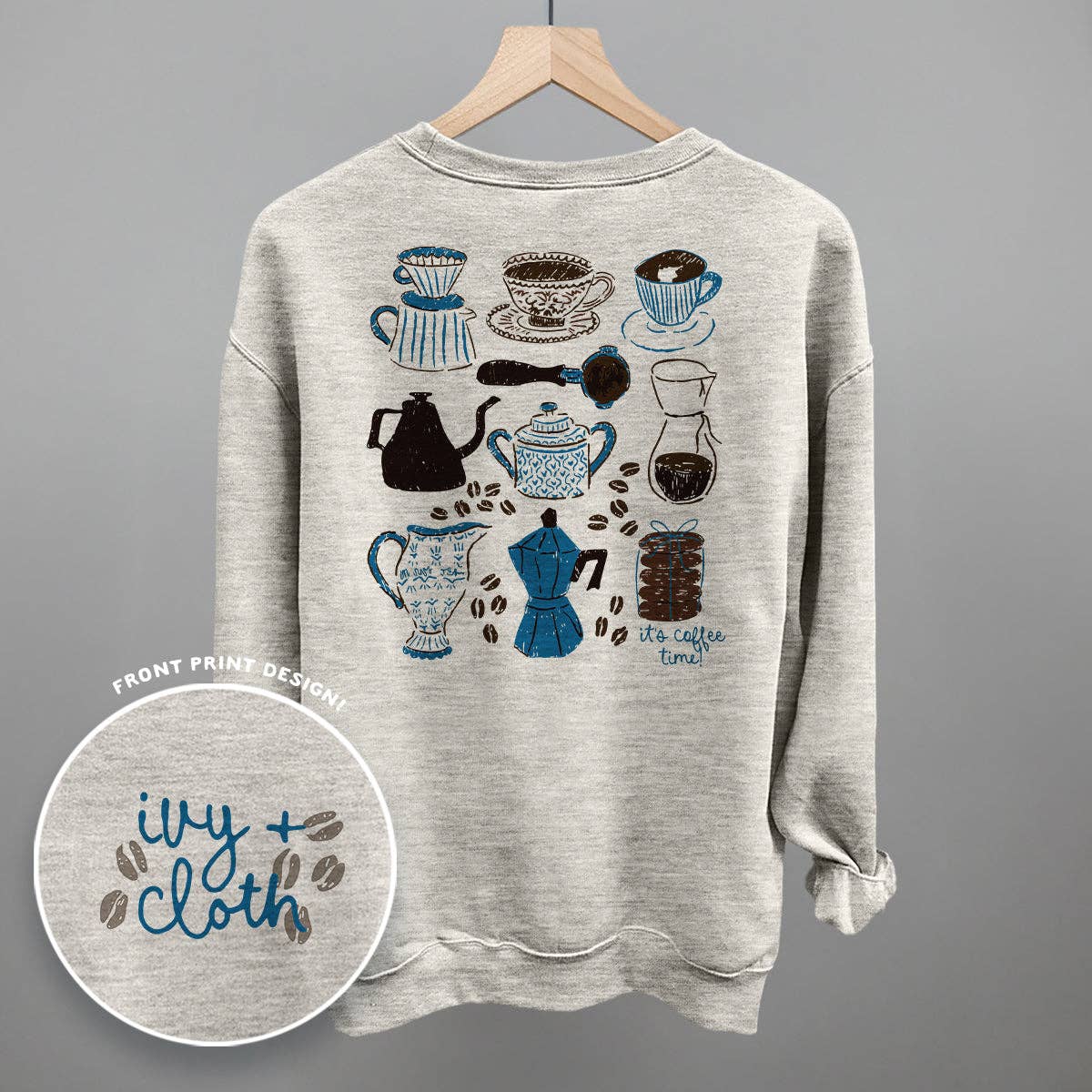 Blue & Brown Coffee Doodles (Back Print) Unisex T-shirt, Sweatshirt, Hoodie, Long Sleeve Tee - T-Shirt, Sweatshirt, Hoodie