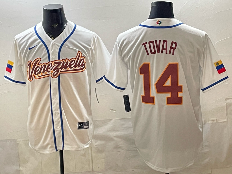 Men's Venezuela Baseball Ezequiel Tovar #14 White 2026 World Baseball Classic Stadium Jersey baseball jersey product view 1