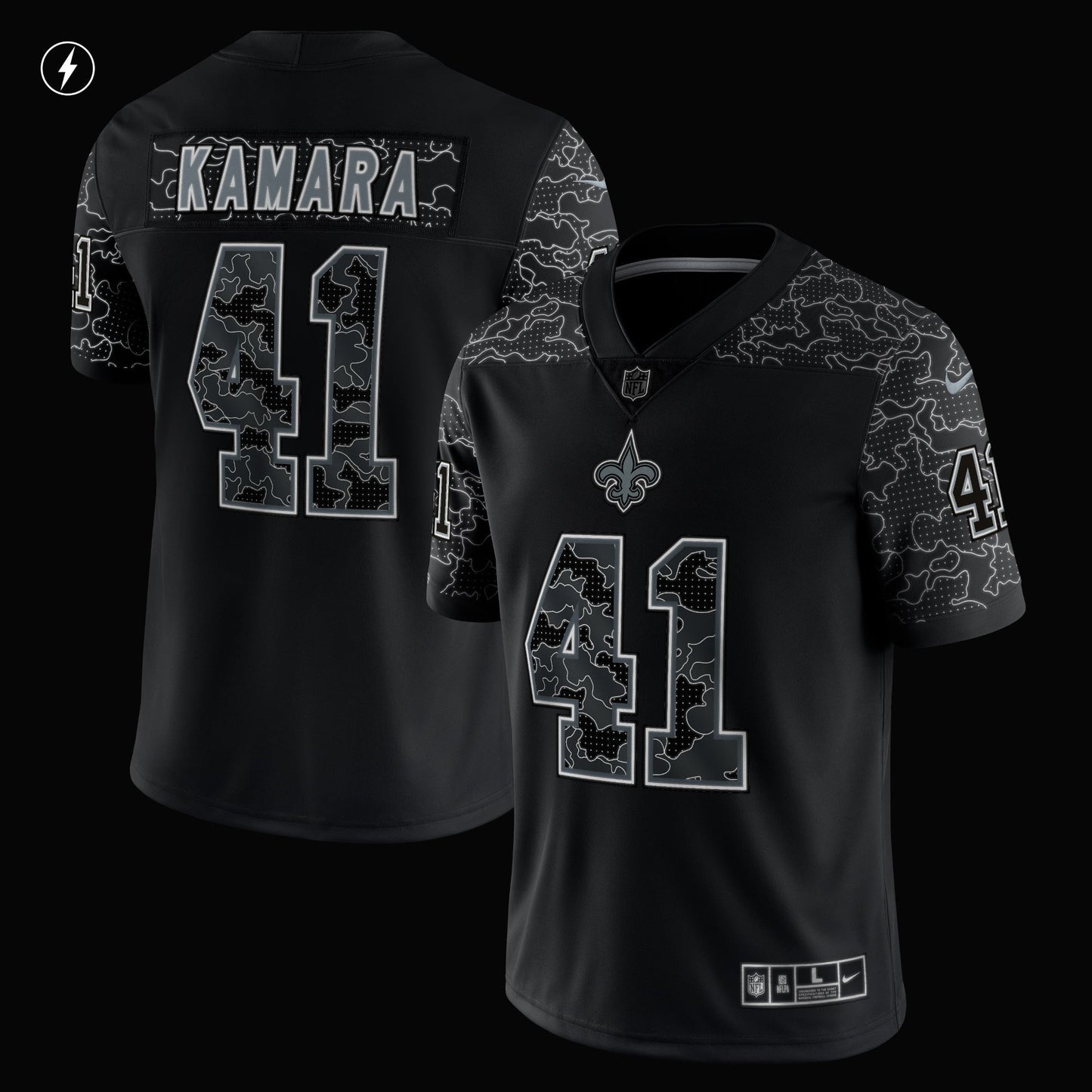 Alvin Kamara New Orleans Saints RFLCTV Limited Jersey - Black football jersey product view 2