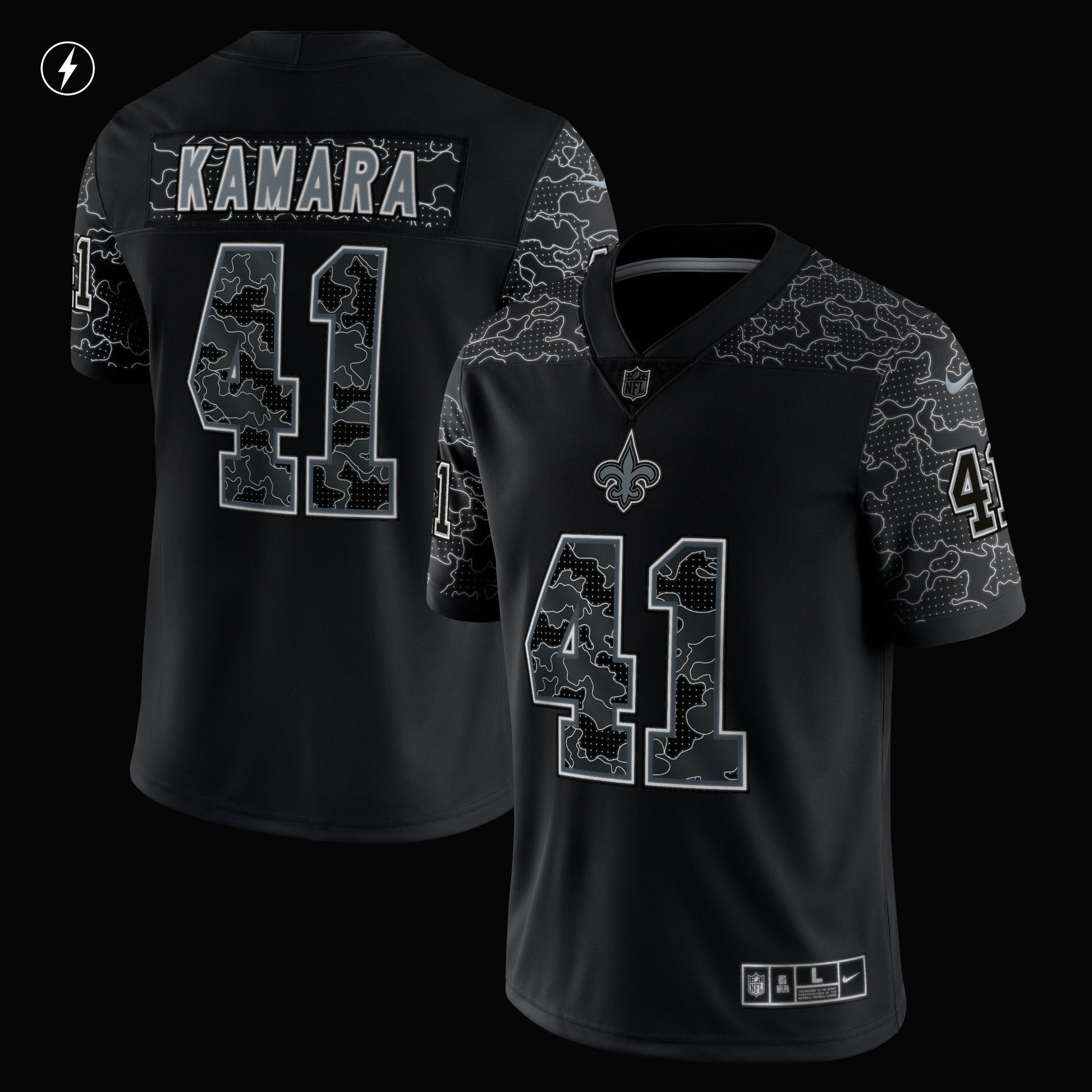 Alvin Kamara New Orleans Saints RFLCTV Limited Jersey - Black football jersey product view 2