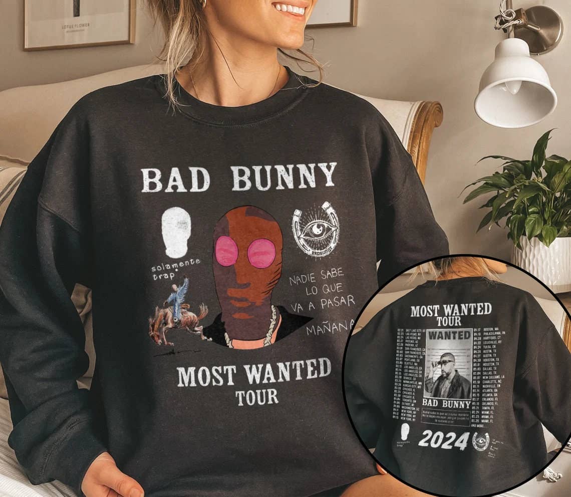 Bad Bunny Most Wanted Tour 2024 Sweatshirt Unisex T-shirt, Sweatshirt, Hoodie, Long Sleeve Tee - T-Shirt, Sweatshirt, Hoodie
