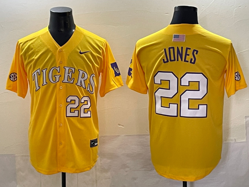 Men's LSU Tigers Jared Jones Yellow Replica Player Jersey sports jersey product view 1
