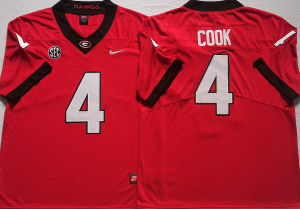 Men's Georgia Bulldogs James Cook Red Player Game Jersey sports jersey product view 1