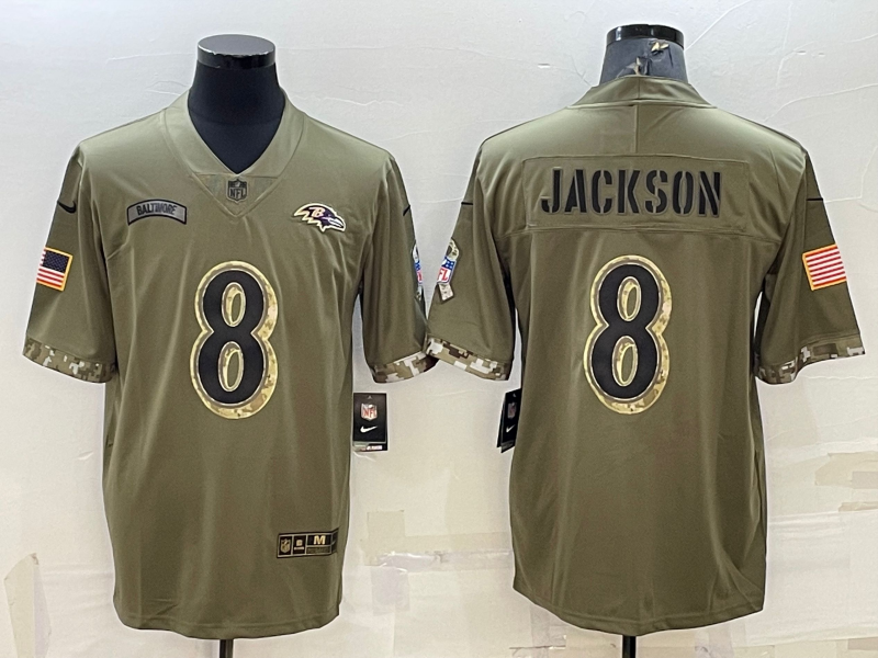 Men's Baltimore Ravens Lamar Jackson #8 Olive 2022 Salute To Service Limited Jersey1 football jersey product view 1