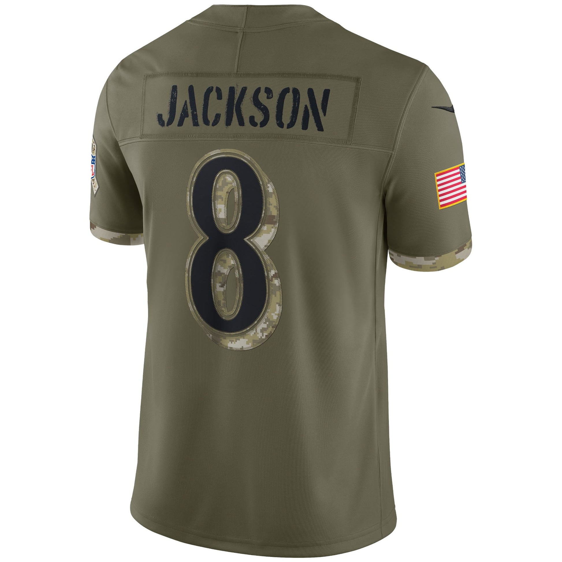 Lamar Jackson Baltimore Ravens 2022 Salute To Service Limited Jersey - Olive football jersey product view 3