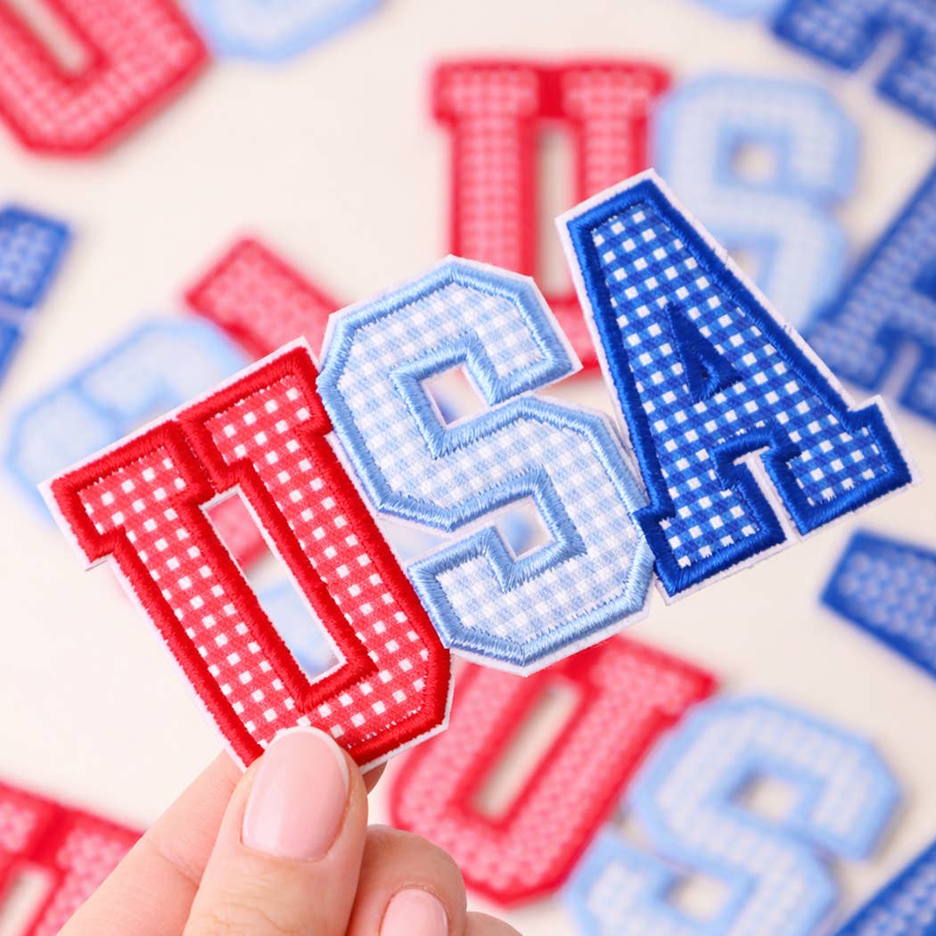 USA Gingham Letter Embroidered Heat Press Style Patch Unisex T-shirt, Sweatshirt, Hoodie, Long Sleeve Tee - T-Shirt, Sweatshirt, Hoodie