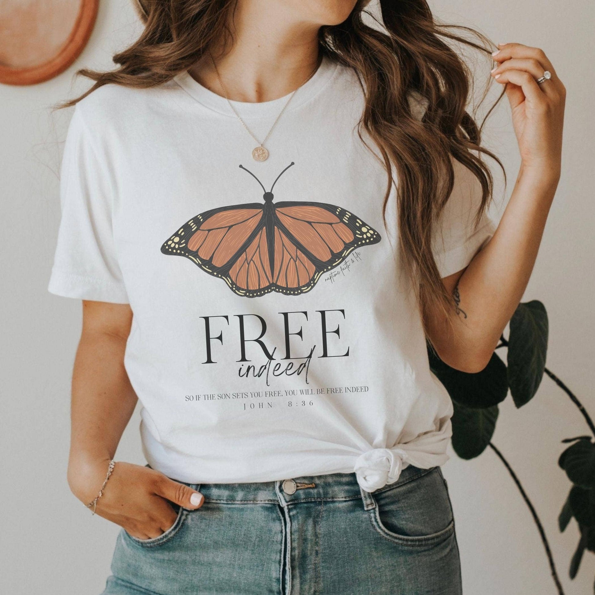 Free Indeed Monarch Butterfly Bible Verse Womens Graphic Tee Unisex T-shirt, Sweatshirt, Hoodie, Long Sleeve Tee - T-Shirt, Sweatshirt, Hoodie