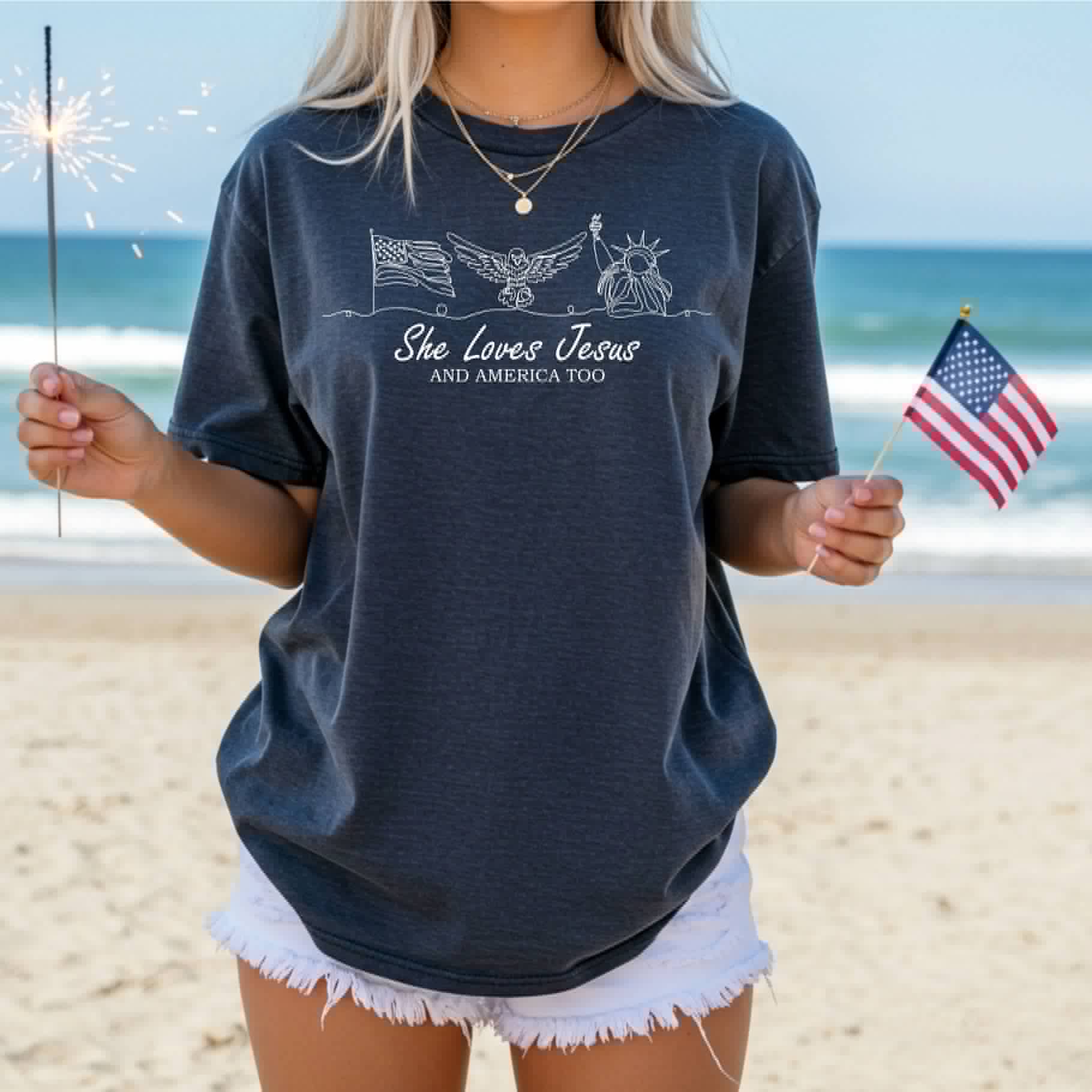 She Loves Jesus America Too Navy Patriotic Graphic Tee Unisex T-shirt, Sweatshirt, Hoodie, Long Sleeve Tee - T-Shirt, Sweatshirt, Hoodie