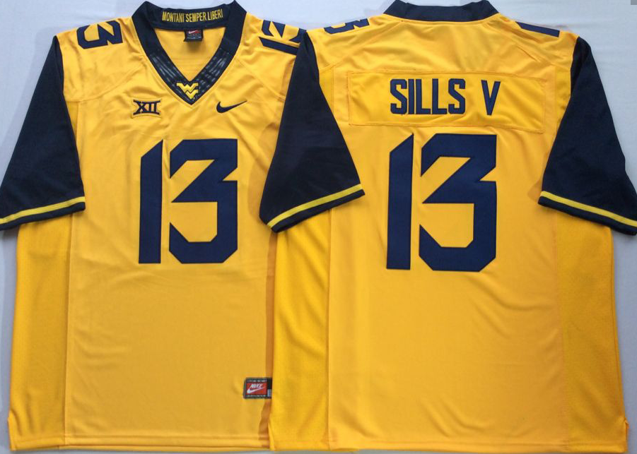 Men's West Virginia Mountaineers David Sills #13 Gold Player Game Jersey sports jersey product view 1