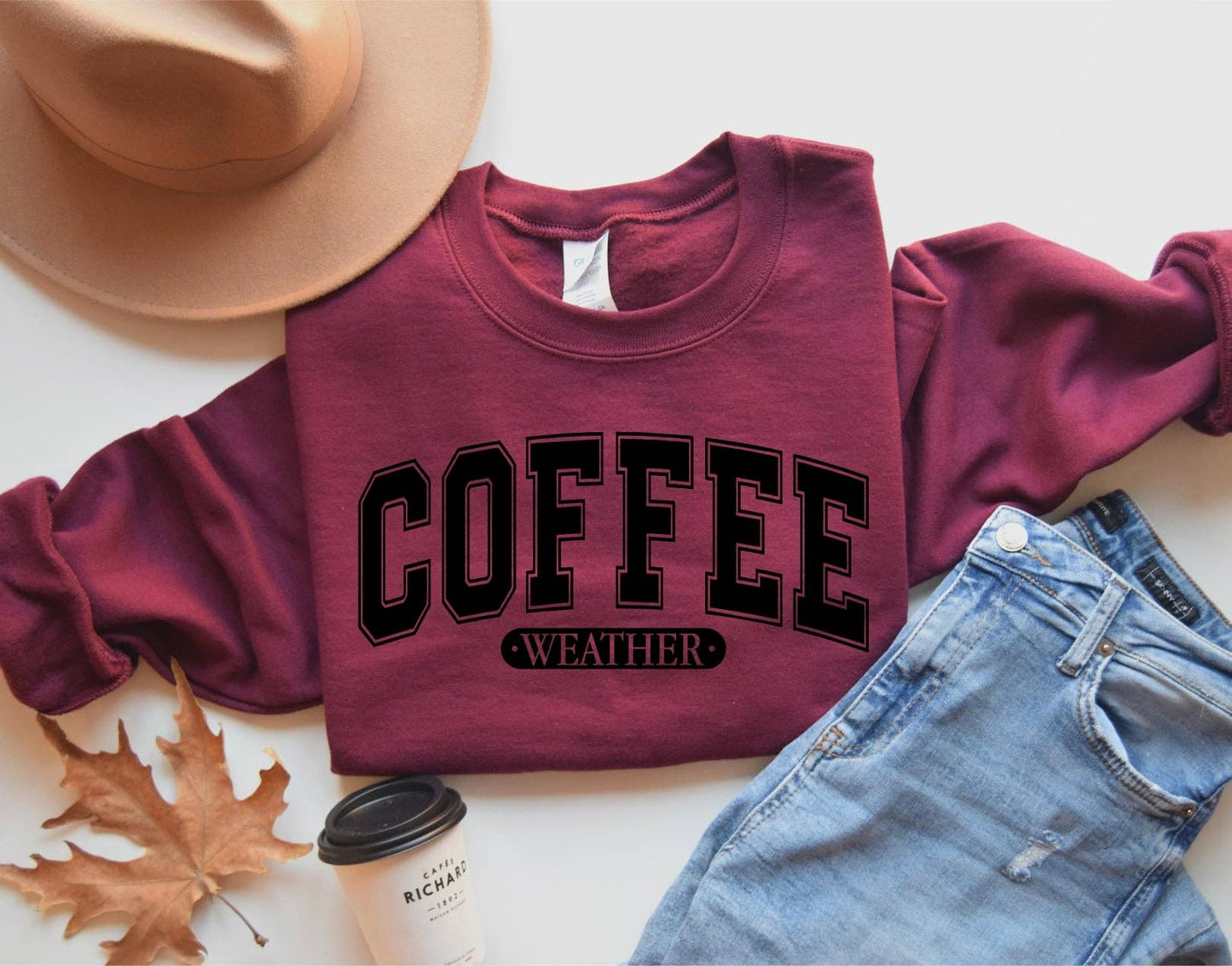 Coffee Weather Maroon Cozy Graphic Sweatshirt Free Ship Unisex T-shirt, Sweatshirt, Hoodie, Long Sleeve Tee - T-Shirt, Sweatshirt, Hoodie