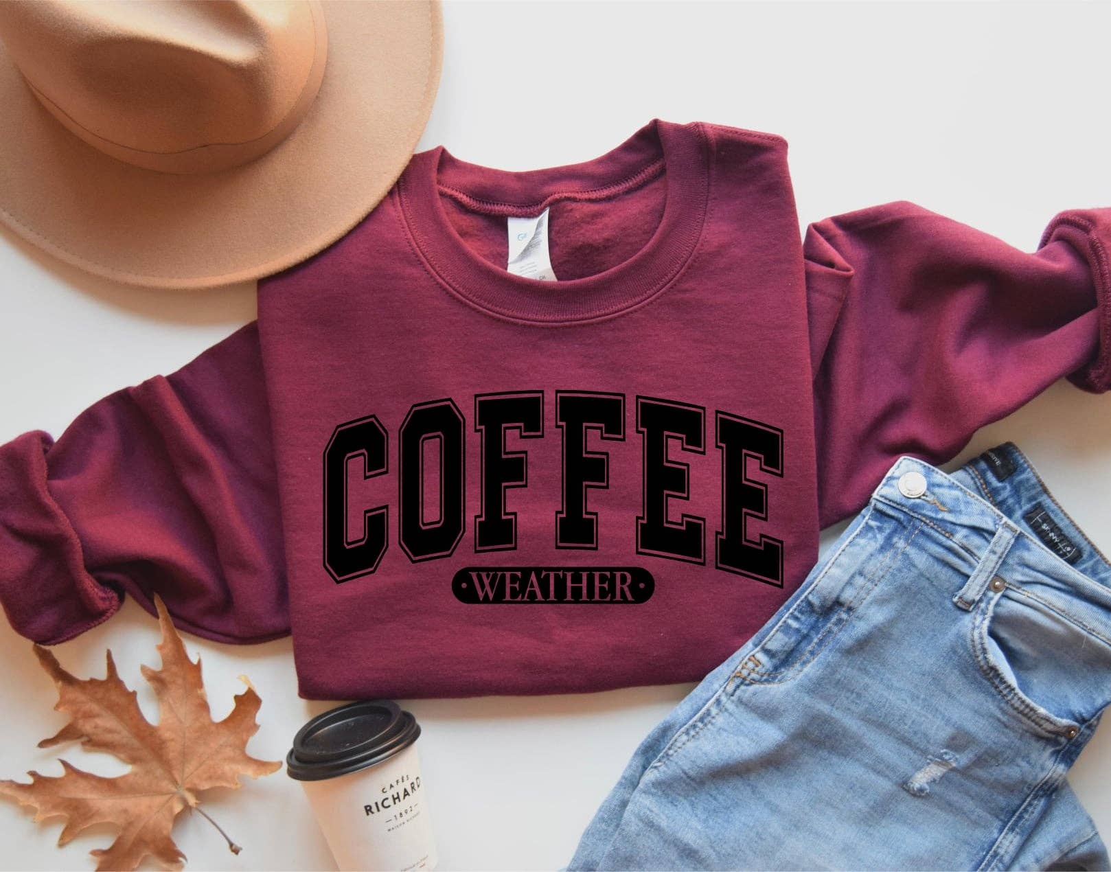 Coffee Weather Maroon Cozy Graphic Sweatshirt Free Ship Unisex T-shirt, Sweatshirt, Hoodie, Long Sleeve Tee - T-Shirt, Sweatshirt, Hoodie