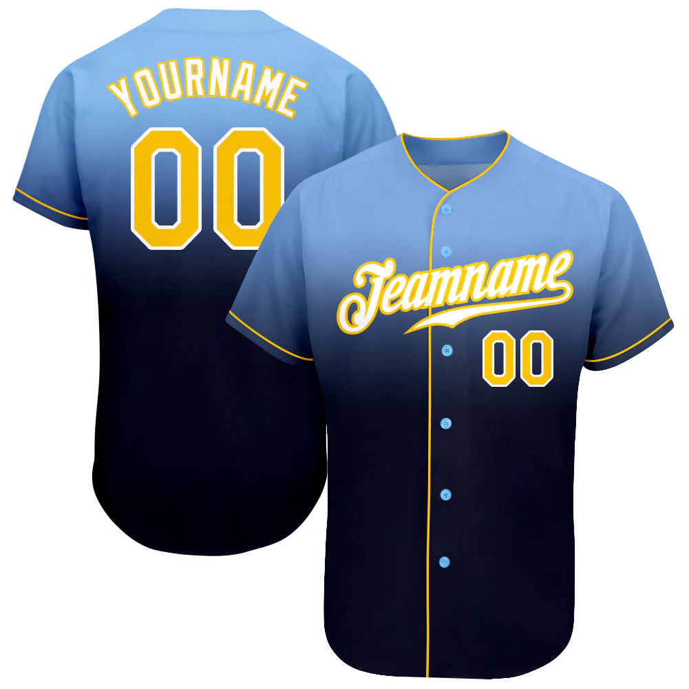 Custom Light Blue Gold-Navy Authentic Fade Fashion Baseball Jersey Unisex T-shirt, Sweatshirt, Hoodie, Long Sleeve Tee - T-Shirt, Sweatshirt, Hoodie