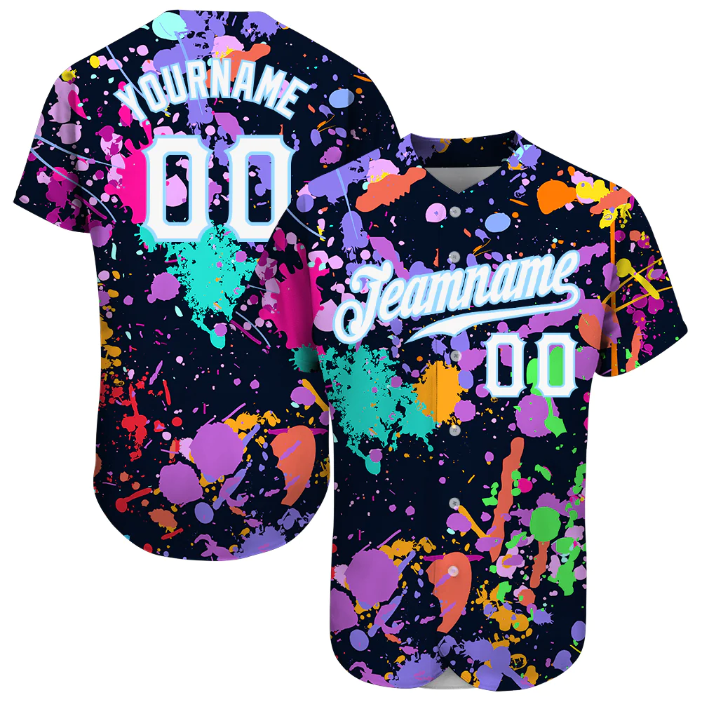 Custom Splashes Graffiti Pattern White-Light Blue 3D Authentic Baseball Jersey Unisex T-shirt, Sweatshirt, Hoodie, Long Sleeve Tee - T-Shirt, Sweatshirt, Hoodie