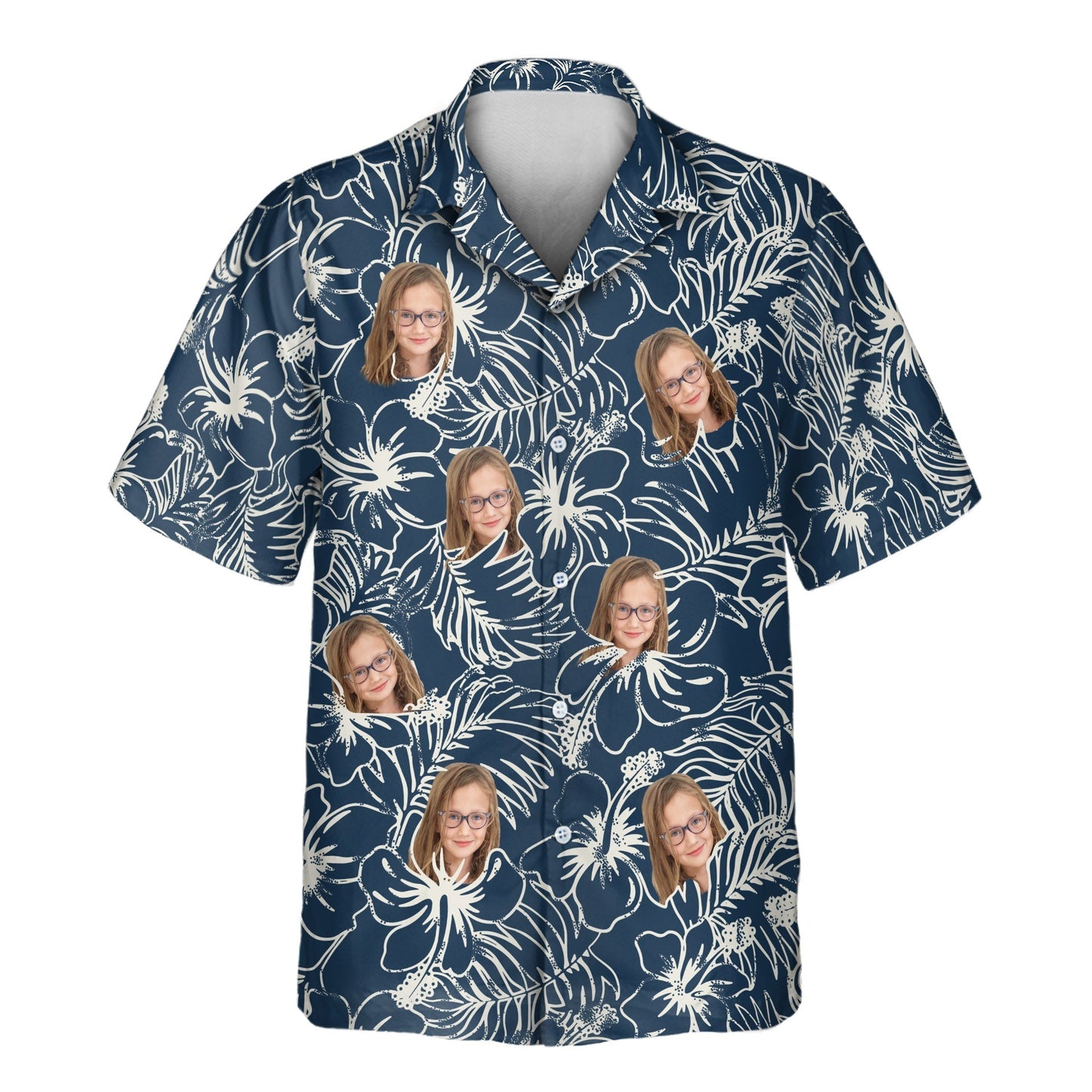 Navy Hibiscus Paradise | Aloha Custom Hawaiian Shirts with Faces or Logos Unisex T-shirt, Sweatshirt, Hoodie, Long Sleeve Tee - T-Shirt, Sweatshirt, Hoodie