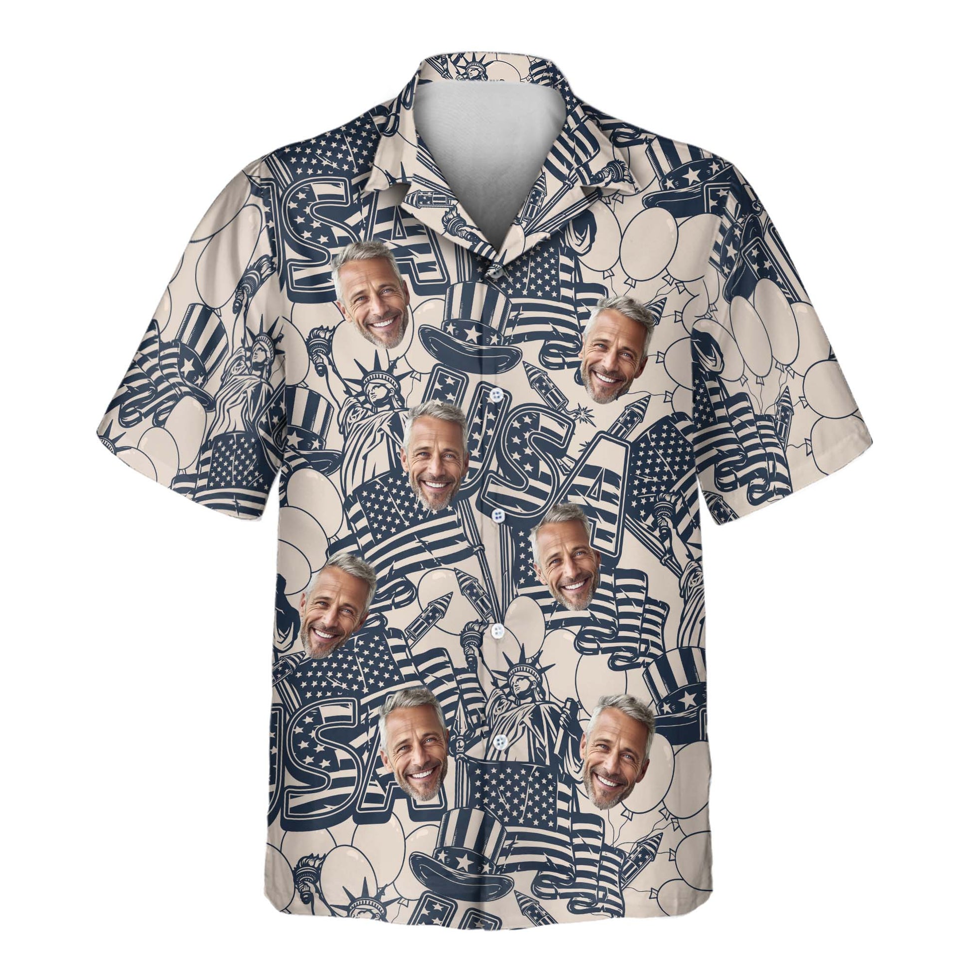 Navy & Ivory Patriot | Aloha Custom Hawaiian Shirts with Faces or Logos Unisex T-shirt, Sweatshirt, Hoodie, Long Sleeve Tee - T-Shirt, Sweatshirt, Hoodie