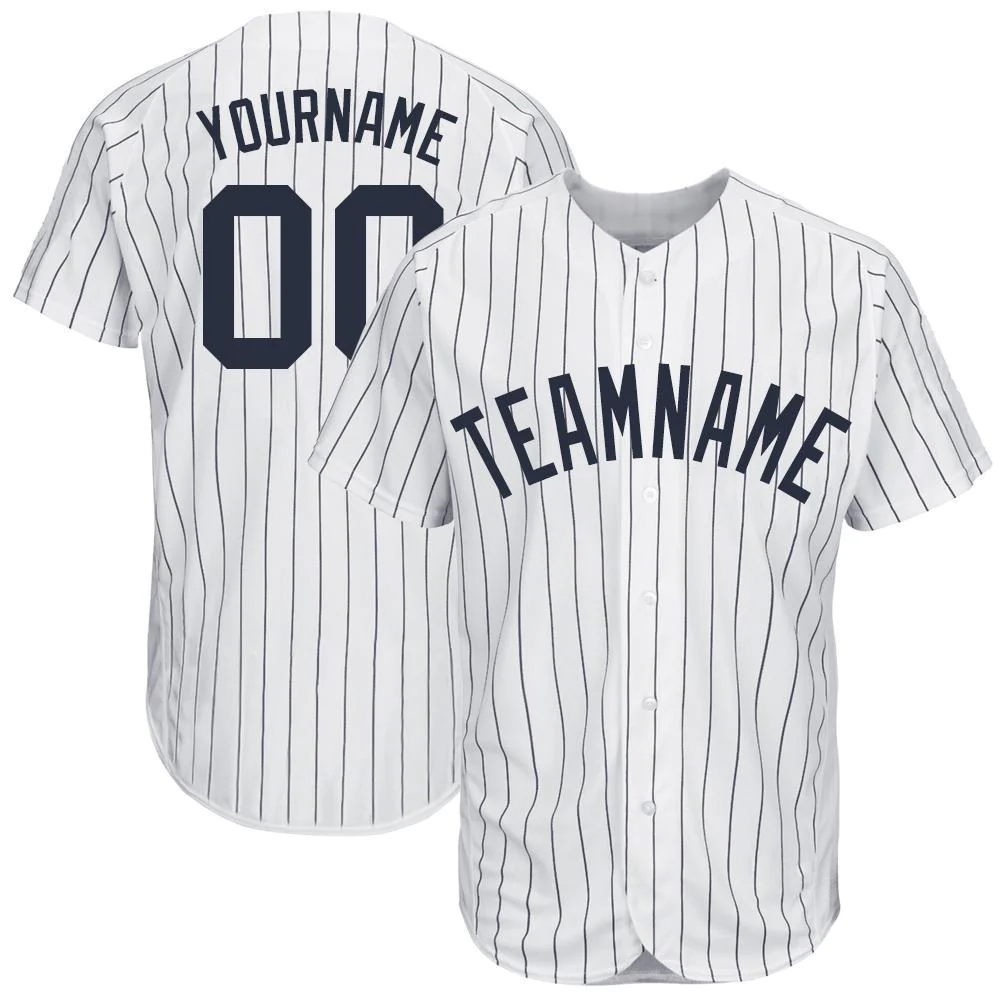 Custom White Navy Pinstripe Navy Baseball Jersey Unisex T-shirt, Sweatshirt, Hoodie, Long Sleeve Tee - T-Shirt, Sweatshirt, Hoodie
