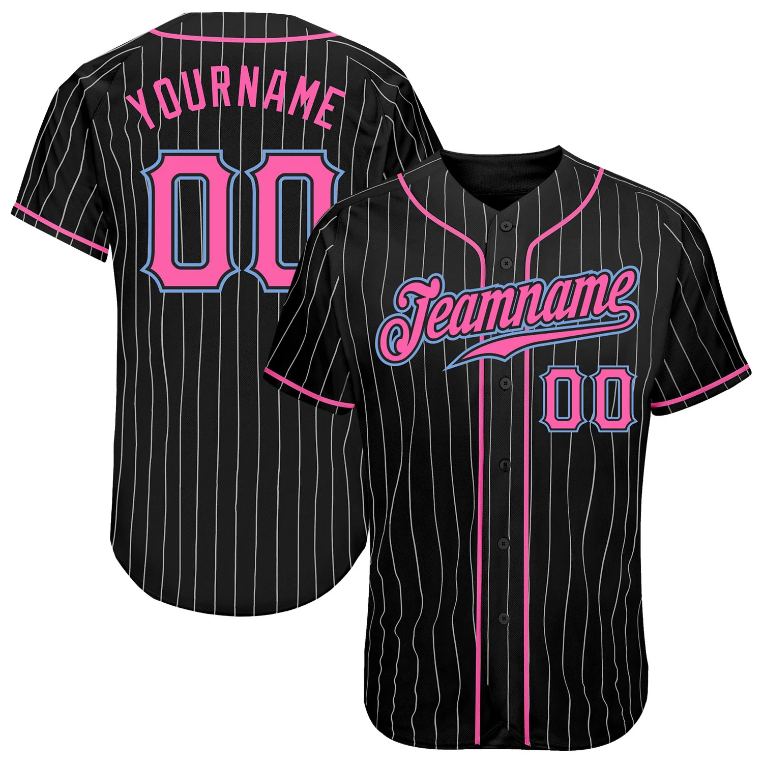 Custom Black White Pinstripe Pink-Light Blue Authentic Baseball Jersey Unisex T-shirt, Sweatshirt, Hoodie, Long Sleeve Tee - T-Shirt, Sweatshirt, Hoodie