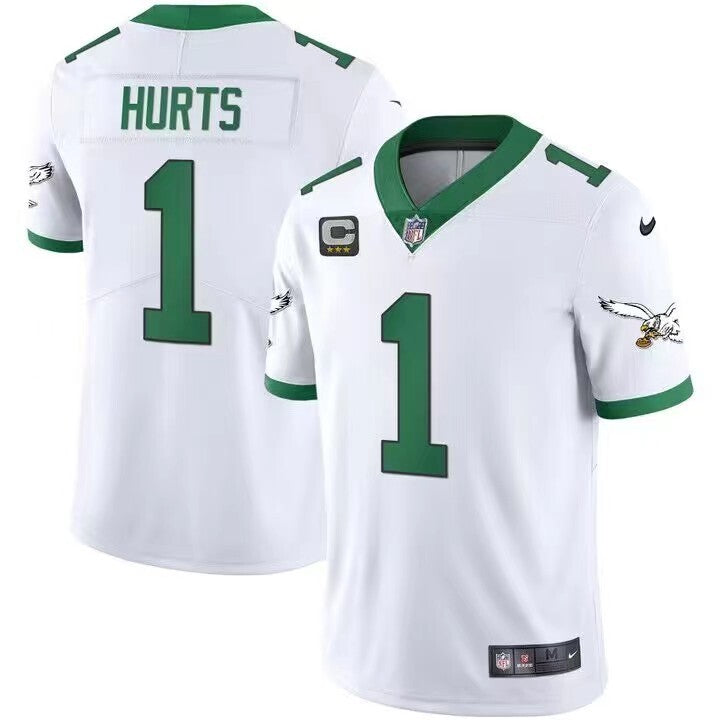 Men's Philadelphia Eagles Jalen Hurts Jersey-White with green printing-Three-star captain's patch football jersey product view 1