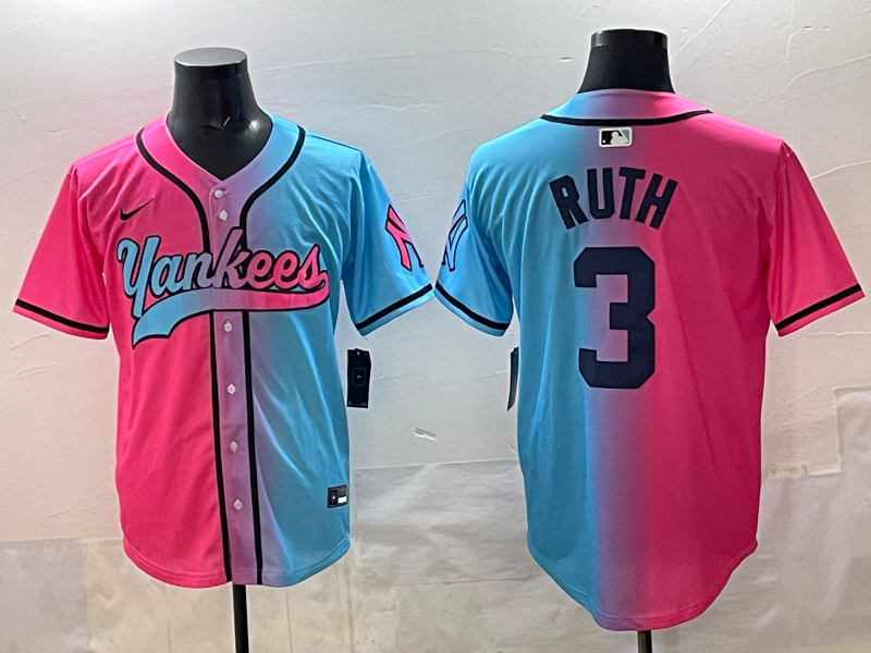 Men's New York Yankees Babe Ruth #3 Pink/Blue Player Jersey baseball jersey product view 1