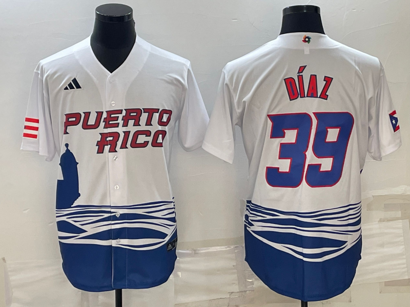 Men's 2023 World Baseball Classic Edwin Diaz Puerto Rico White Jersey baseball jersey product view 1