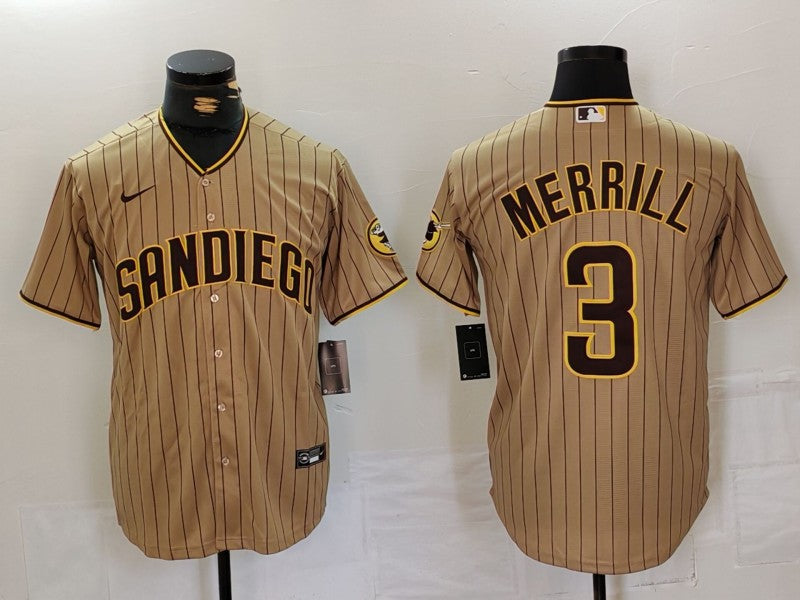 Men's San Diego Padres Jackson Merrill Tan Replica Player Jersey baseball jersey product view 1