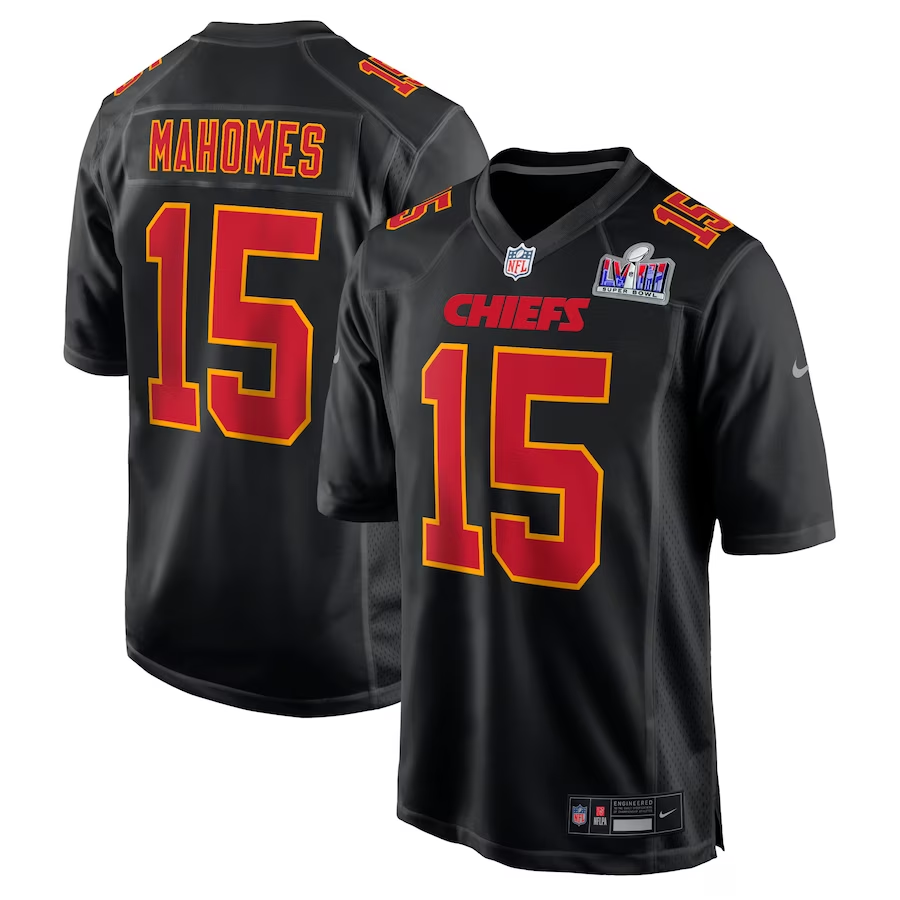 Men's Kansas City Chiefs Patrick Mahomes Black Super Bowl LVIII Carbon Fashion Game Player Jersey football jersey product view 1