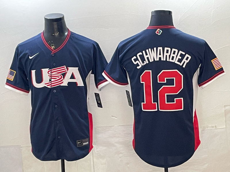 Men's USA Baseball Kyle Schwarber #12 Navy 2026 World Baseball Classic Stadium Jersey baseball jersey product view 1