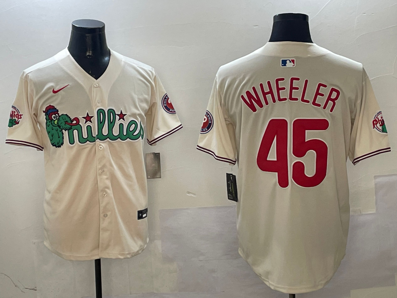 Men's Philadelphia Phillies Zack Wheeler #45 Cream Replica Player Jersey baseball jersey product view 1