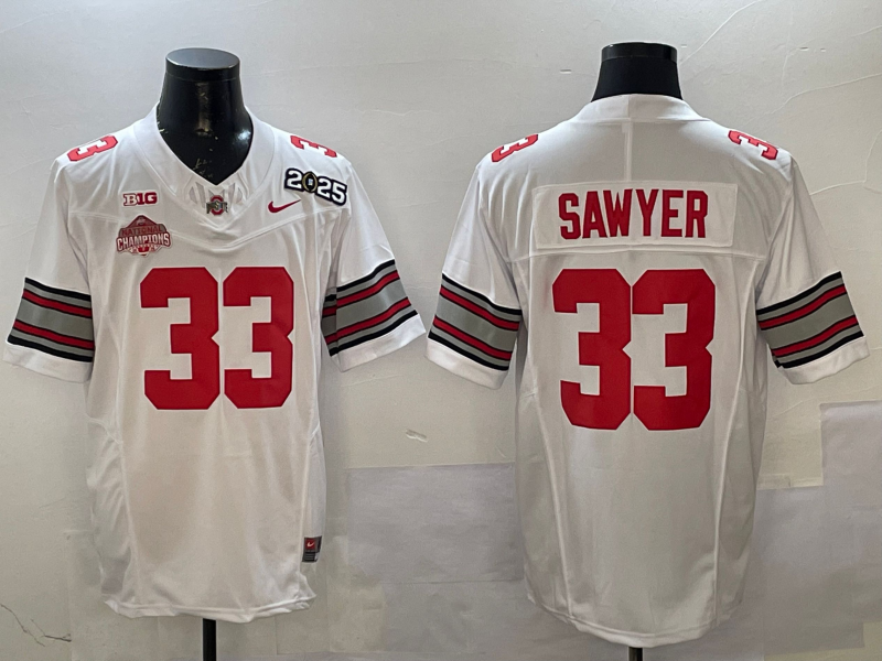 Men's Ohio State Buckeyes Jack Sawyer #33 White 2025 CFP Final National Champions Patch F.U.S.E. Jersey sports jersey product view 1