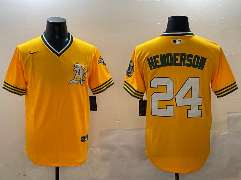 Men's Oakland Athletics Rickey Henderson #24 Yellow Replica Team Jersey1 baseball jersey product view 1