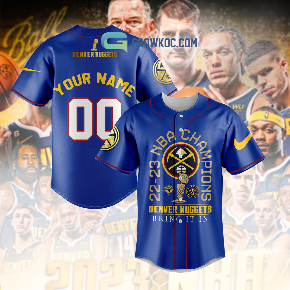 2023 NBA Champions Bring It In Denver Nuggets Personalized Blue Design Baseball Jersey Unisex T-shirt, Sweatshirt, Hoodie, Long Sleeve Tee - T-Shirt, Sweatshirt, Hoodie