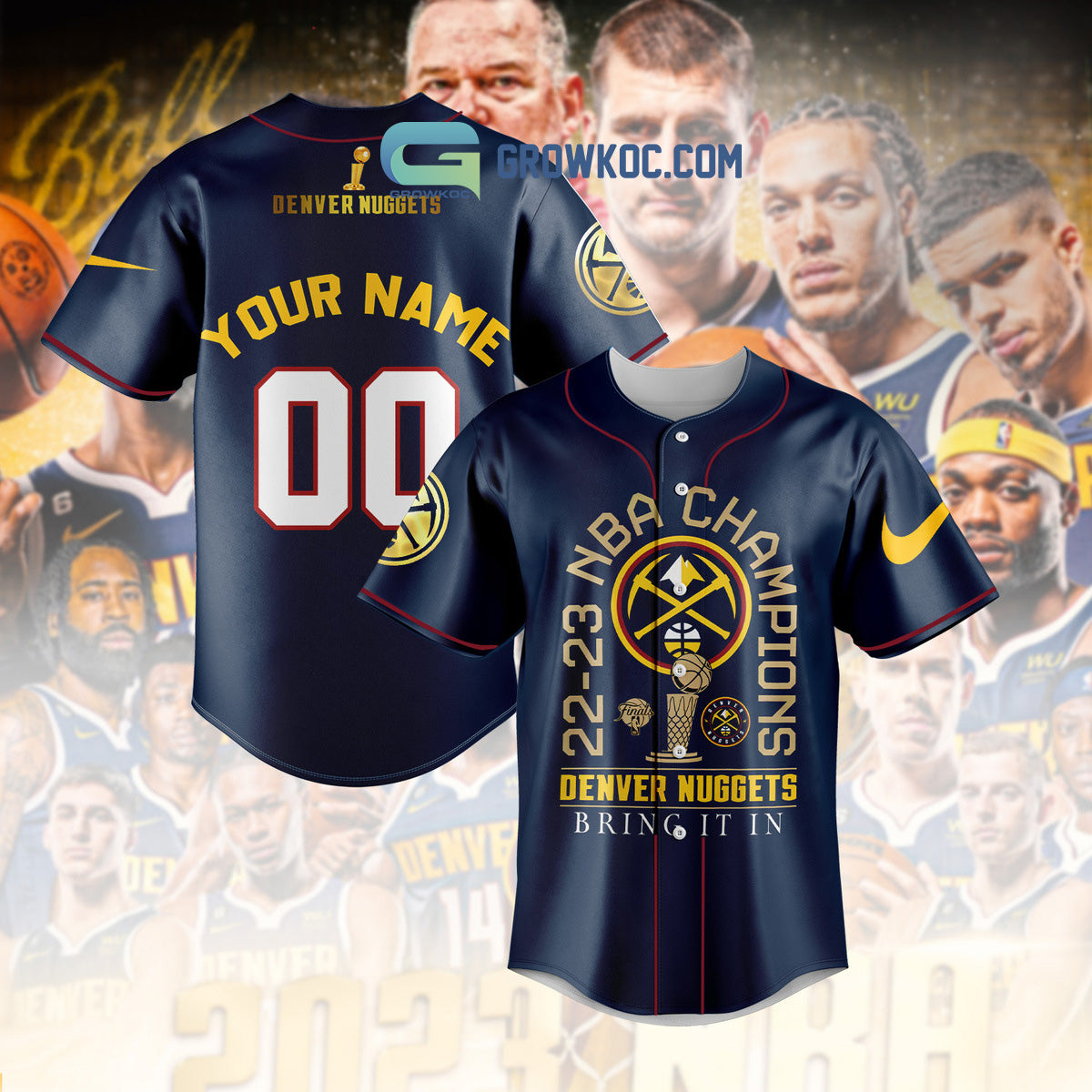2023 NBA Champions Bring It In Denver Nuggets Personalized Navy Design Baseball Jersey Unisex T-shirt, Sweatshirt, Hoodie, Long Sleeve Tee - T-Shirt, Sweatshirt, Hoodie