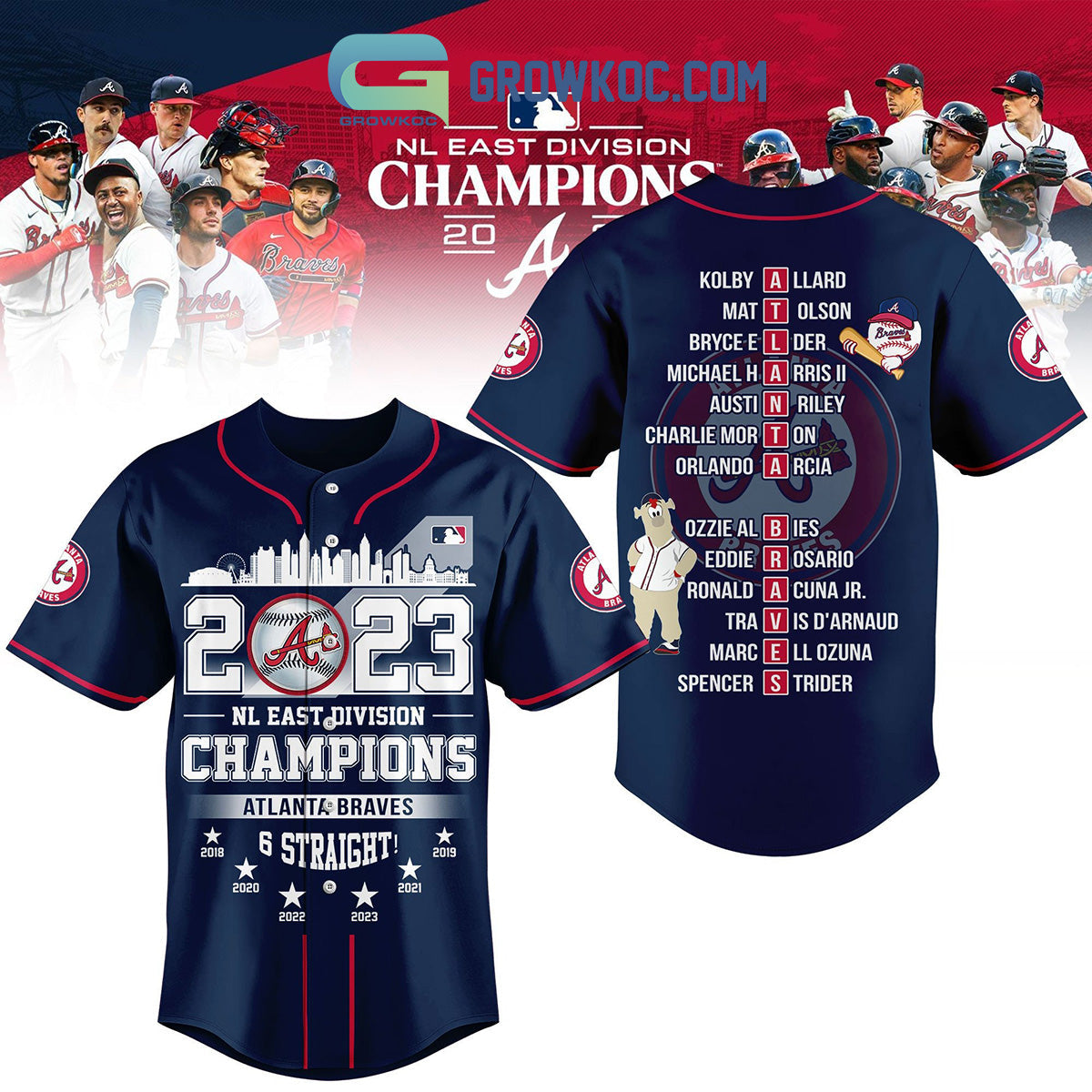 2023 NL East Division Champions Atlanta Braves 6 Straight Baseball Jersey Unisex T-shirt, Sweatshirt, Hoodie, Long Sleeve Tee - T-Shirt, Sweatshirt, Hoodie