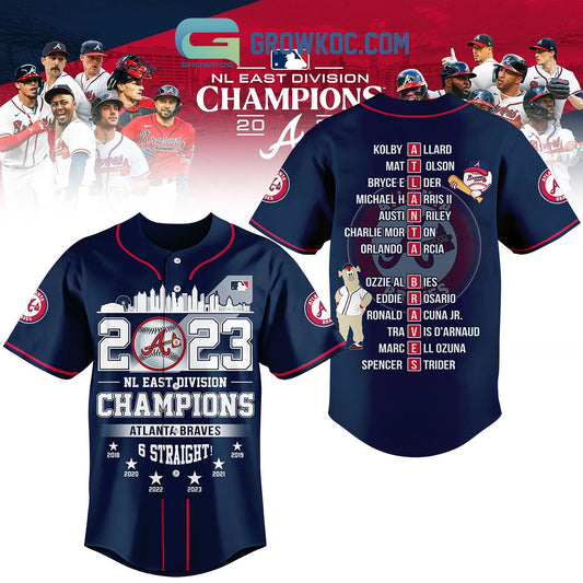2023 NL East Division Champions Atlanta Braves 6 Straight Baseball Jersey Unisex T-shirt, Sweatshirt, Hoodie, Long Sleeve Tee - T-Shirt, Sweatshirt, Hoodie