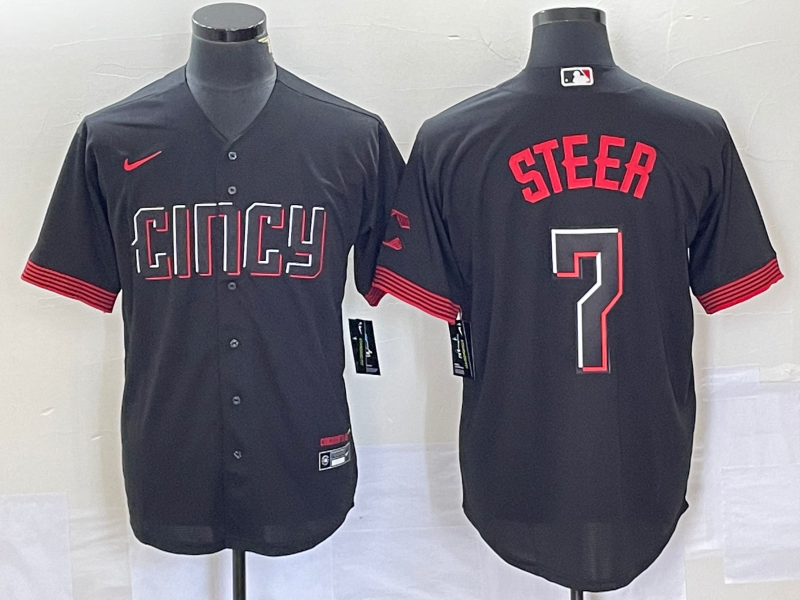Men's Cincinnati Reds Spencer Steer #7 Black 2023 City Connect Replica Player Jersey baseball jersey product view 1