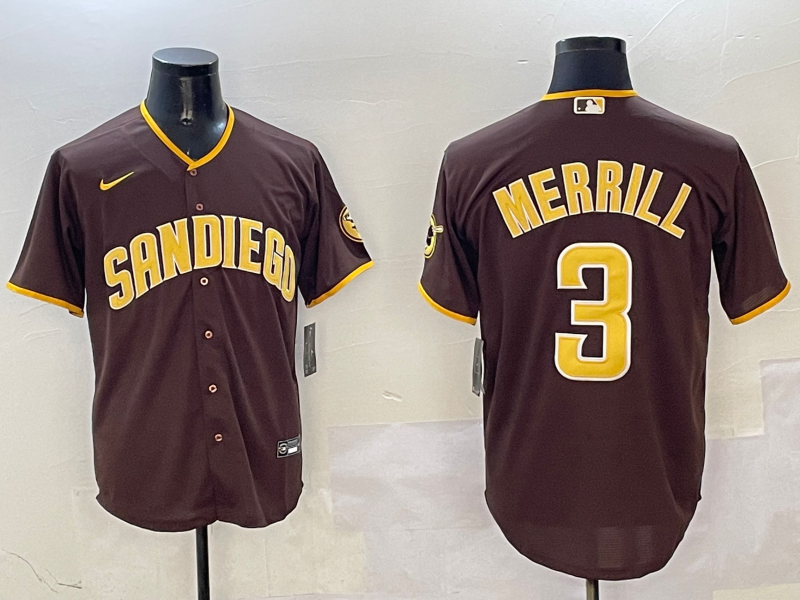 Men's San Diego Padres Jackson Merrill Brown Replica Player Jersey baseball jersey product view 1
