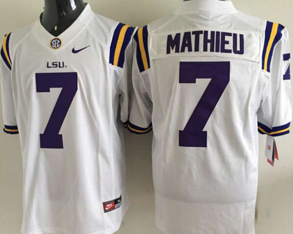 Men's LSU Tigers Tyrann Mathieu #7 White Player Game Jersey sports jersey product view 1
