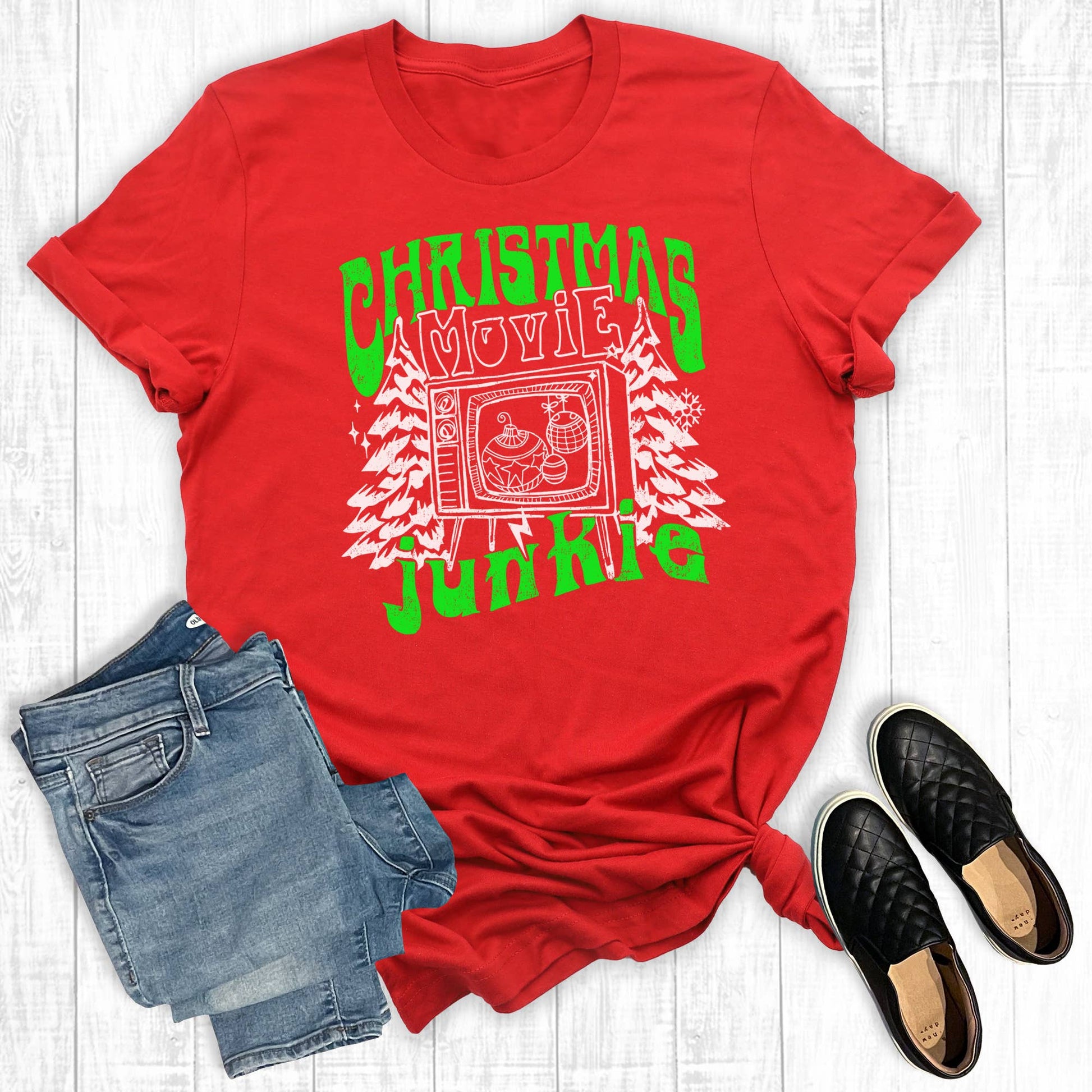 Retro Christmas Movie Junkie Graphic Tee Unisex T-shirt, Sweatshirt, Hoodie, Long Sleeve Tee - T-Shirt, Sweatshirt, Hoodie