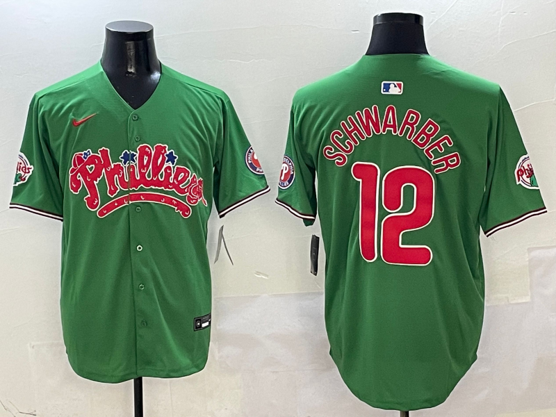Men's Philadelphia Phillies Kyle Schwarber #12 Green Game Jersey baseball jersey product view 1