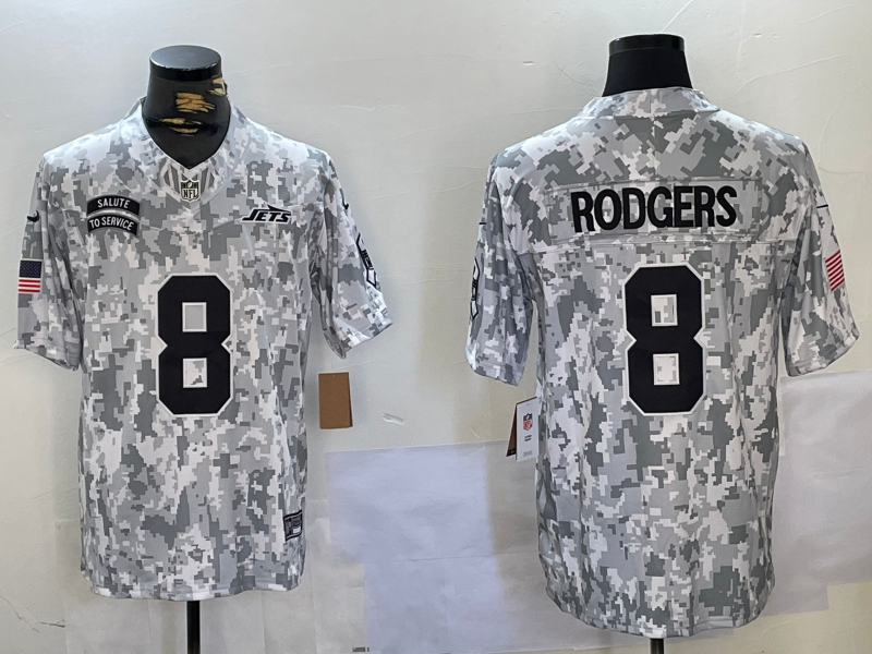 Men's New York Jets Aaron Rodgers Arctic Camo 2024 Salute to Service Limited Jersey football jersey product view 1