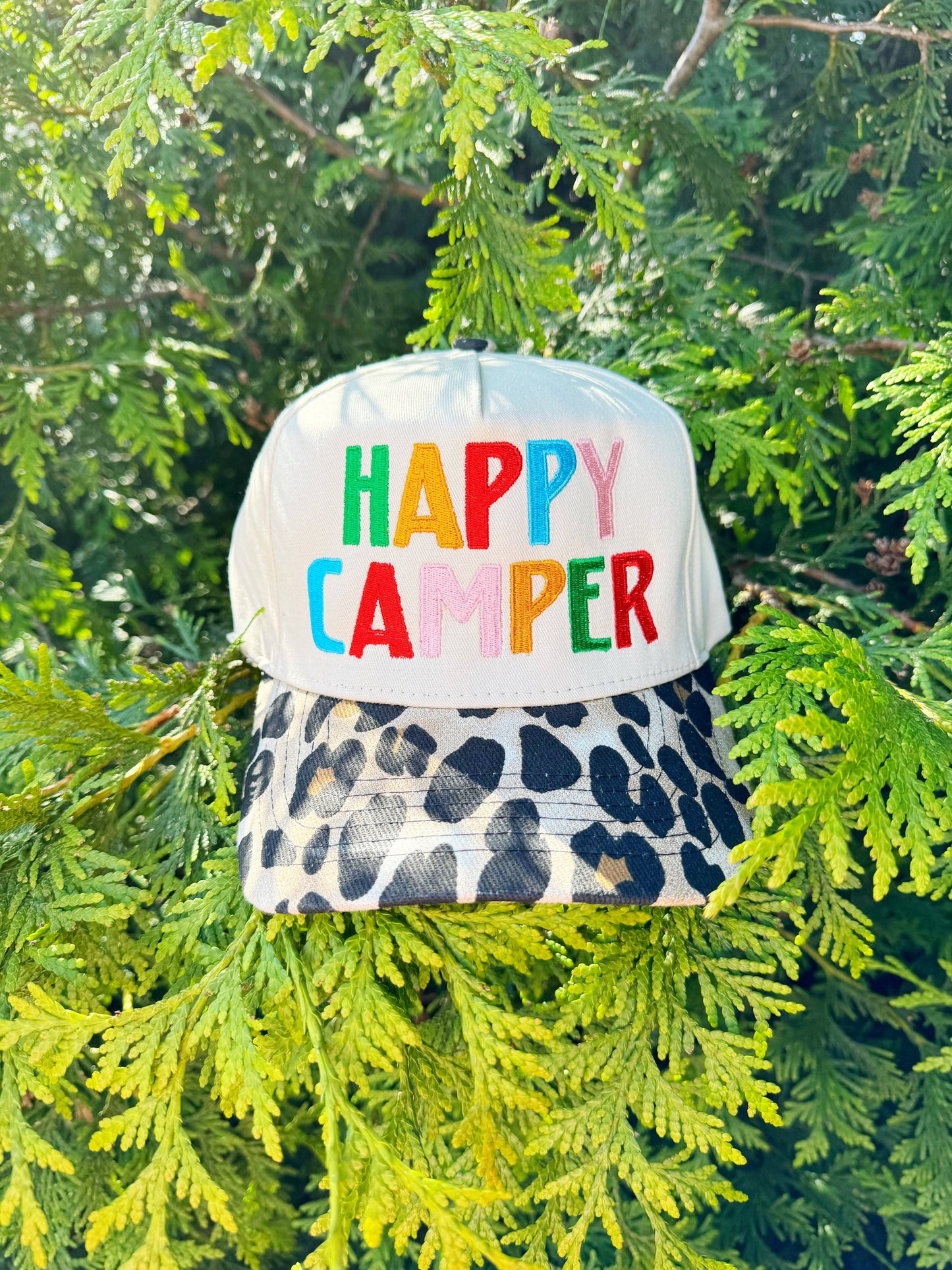 Happy Camper Leopard Hat Unisex T-shirt, Sweatshirt, Hoodie, Long Sleeve Tee - T-Shirt, Sweatshirt, Hoodie