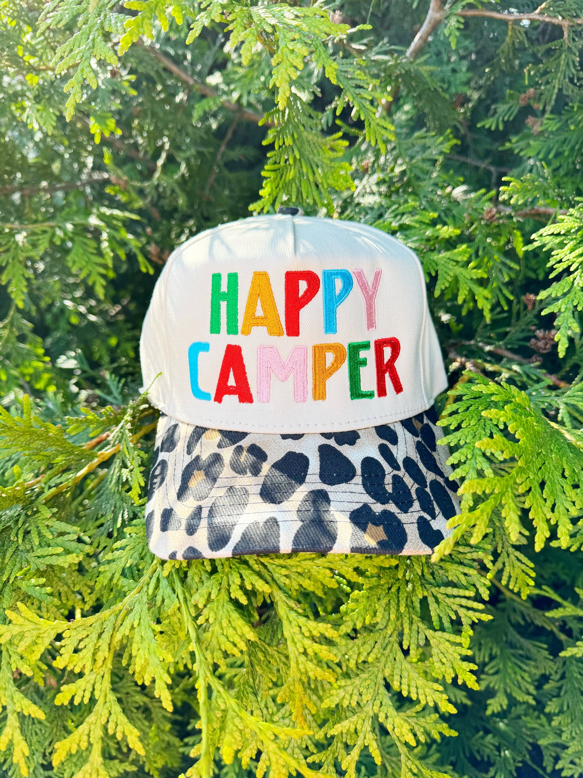 Happy Camper Leopard Hat Unisex T-shirt, Sweatshirt, Hoodie, Long Sleeve Tee - T-Shirt, Sweatshirt, Hoodie